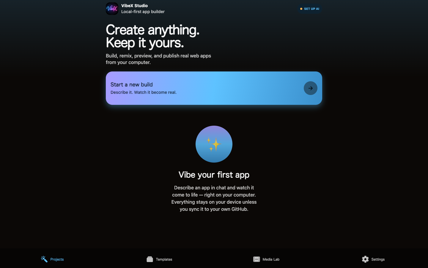 VibeXStudio project workspace on desktop in dark mode