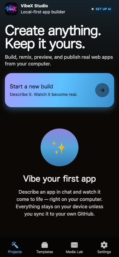 VibeXStudio home screen on mobile in dark mode